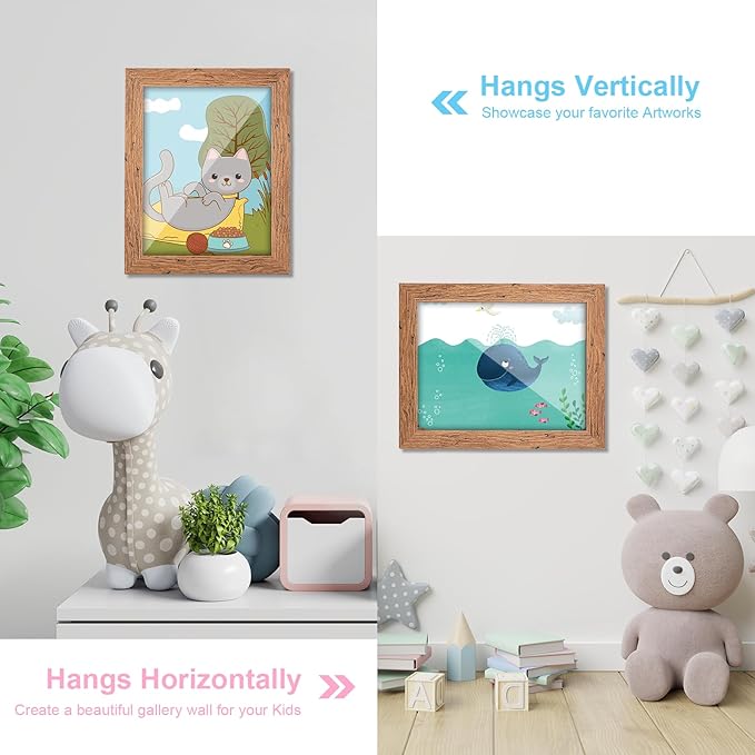 [3-Pack] Kids Art Frames, 8.5x11 Front Opening Kids Artwork Frames Changeable, Dark Woodgrain Artwork Display Storage Frame for Wall, Holds 50 Pcs, for 3D Picture, Crafts, Children Drawing, Hanging
