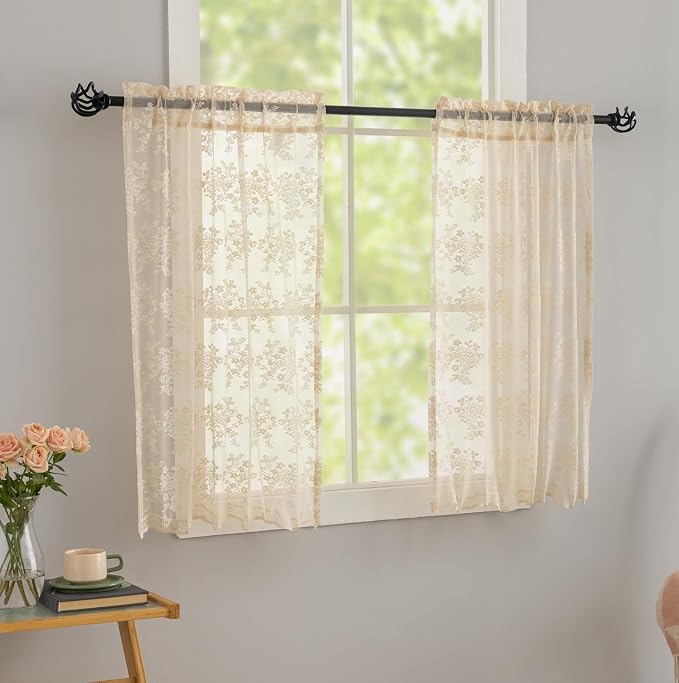 YJ YANJUN Vintage Lace Curtains 30 Inch Length- Cottage Floral Short Beige - Image 3