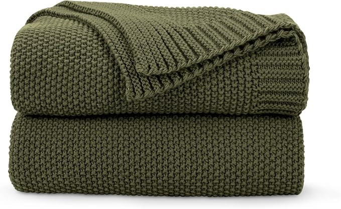 CozeCube Olive Green Seed Stitch Throw Blanket 60"x80", Farmhouse Decor | by CozeCube