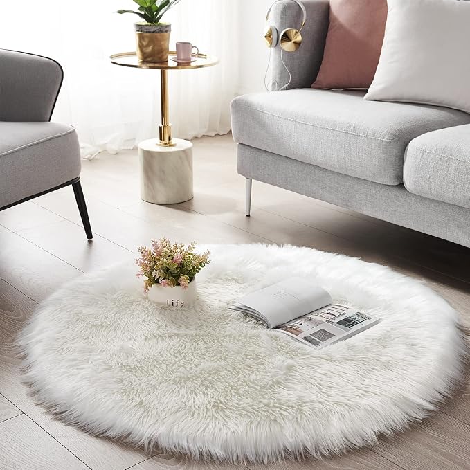 SERISSA 5x5 Fluffy White Round Faux Fur Area Rug - Image 2
