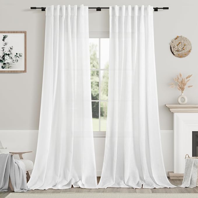 White Linen Curtains 108 Inches Long 2 Panels Set Back Tab Rod Pocket Semi by Nanspring