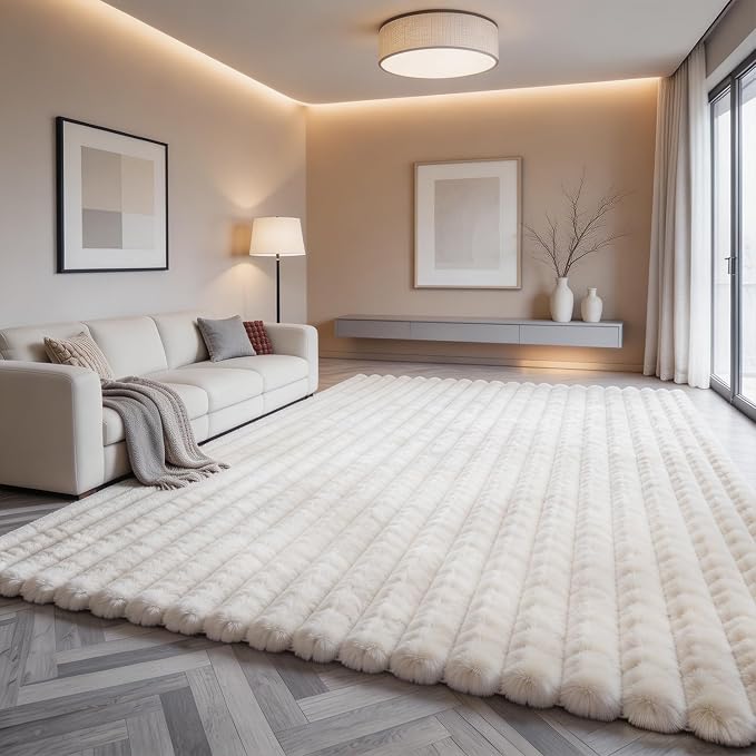 Creamy White Rabbit Striped Plush Rug 6'x9', Fluffy Faux Fur Shaggy Area Rug by CHOVY