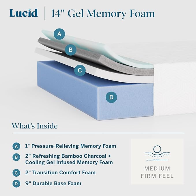 Lucid 14 Inch Memory Foam Mattress - Medium Firm Feel - Infused with Refreshing Bamboo Charcoal and Cooling Gel - Bed in a Box - Temperature Regulating - Pressure Relief - Breathable - Full Size