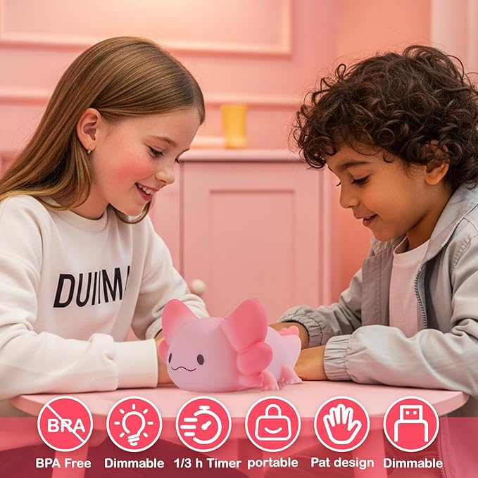 ZKLiLi Axolotl Kids Night Light,Squishy Cute Lamp Dimmable Childrens Night Light Gifts for Baby with Timer & 16 Colors,Rechargeable Bedroom Smart LED Bedside Lamps Toddler Night Light