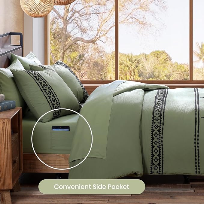 MaiRêve Embroidery King Size Comforter Set Light Olive Green, Farmhouse Western Boho Bedding Set 7 Pieces, All Season Bed in A Bag Comforter Set with Sheets, Pillowcases & Shams