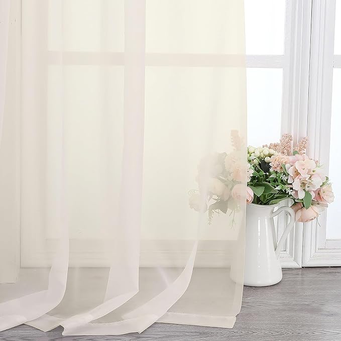 Cream Sheer Curtains 50 Inch Length 2 Pcs, Rod Pocket Light Filtering Voile - Image 9