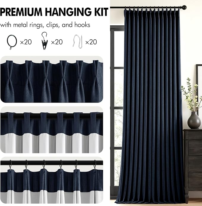 MIULEE Navy Blue Pinch Pleated 100% Blackout Linen Curtains 40x108 Inches | - Image 8