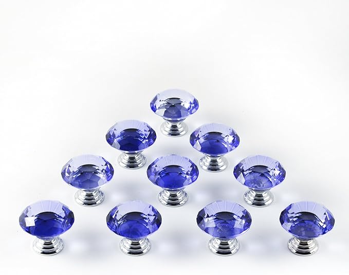12pcs Diamond Shape Crystal Glass 30mm Drawer Knob Pull Handle Usd for Cabinet, Drawer (Blue)