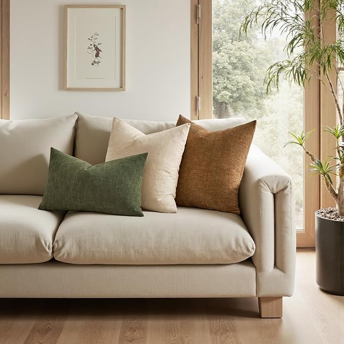 MIULEE Olive Green Chenille Couch Lumbar Throw Pillow Covers, 12x20 | Set of 2 - Image 2