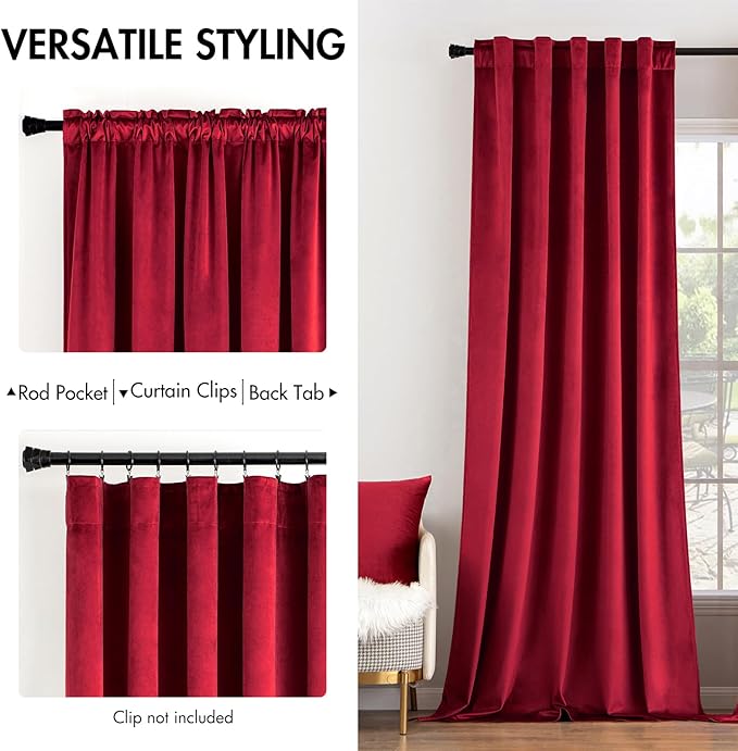 MIULEE Velvet Curtains 52x84 inches 2 Panels Red Blackout Curtains | Luxury - Image 2