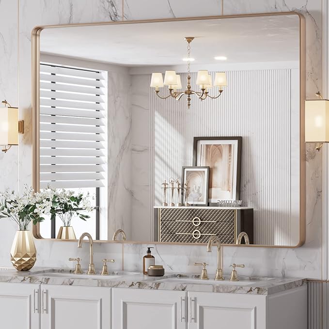 LOAAO 48”X36” Gold Bathroom Mirror, Rounded Rectangle Gold Frame Mirror, Brushed Gold Bathroom Vanity Mirror Wall-Mounted, Anti-Rust, Tempered Glass, Hangs Horizontally or Vertically