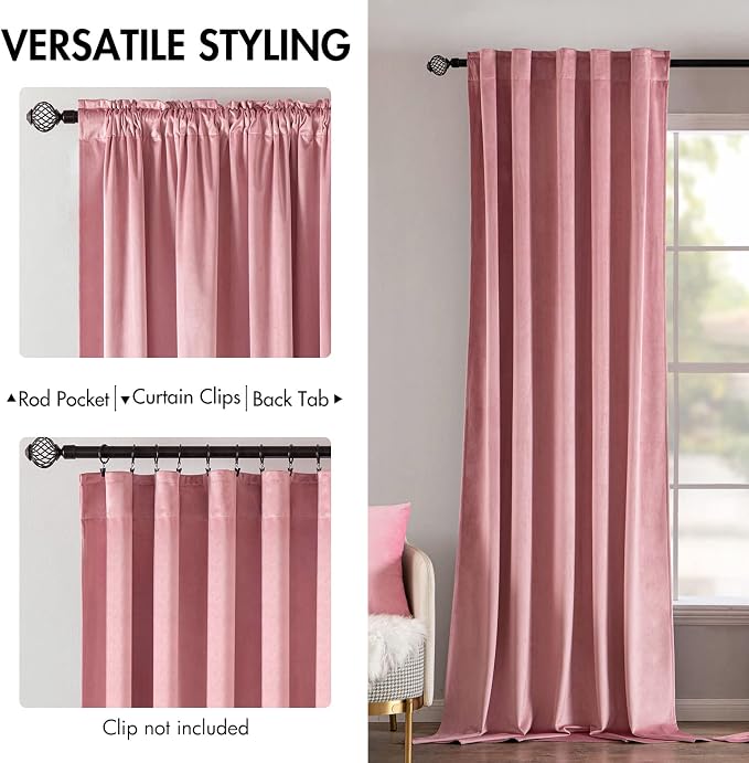 MIULEE Velvet Curtains 52x90 inches 2 Panels Blush Pink Blackout Curtains | - Image 2