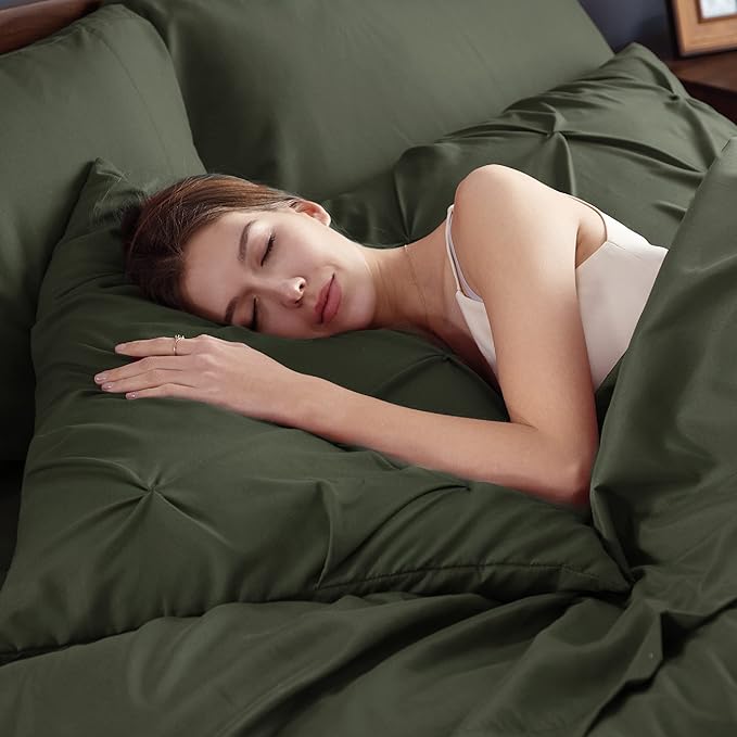 Bedsure Twin XL Comforter Set - Extra Long 5 Pieces Dorm Bedding Sets, GentleSoft™ Pinch Pleat Olive Green Bed in a Bag with Pintuck Comforter, Sheets, Pillowcase & Sham