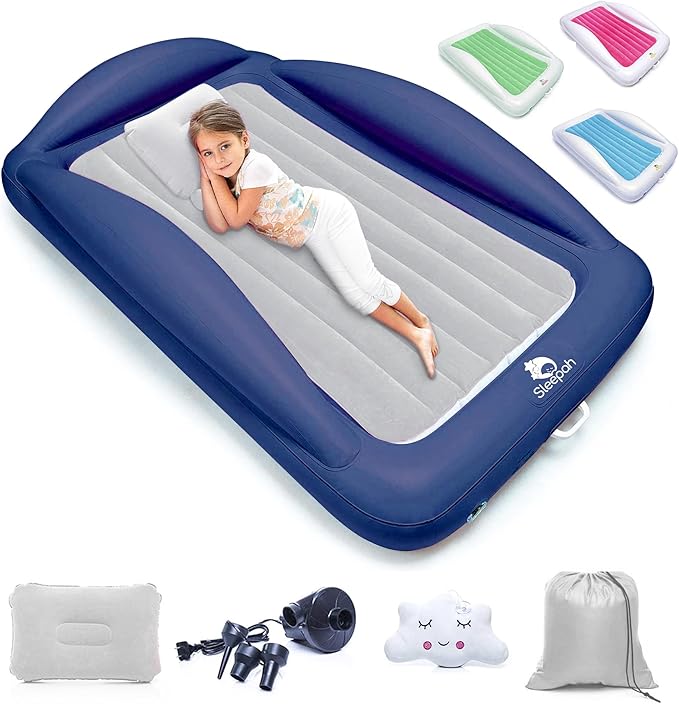 Sleepah Inflatable Toddler Travel Bed Portable Kids Air Mattress Set w Safety Rail Guards for Kids & Toddlers – Includes Pump, Carry Case, Pillow & More - Perfect Transitional Cot Coral (Grey)