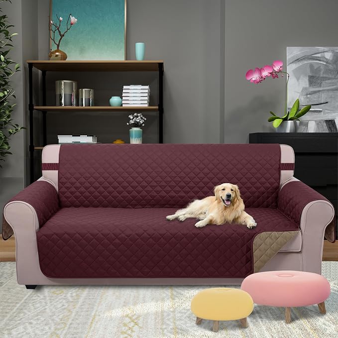 U-NICE HOME 4 Seater Sofa Cover 91''Large Couch Cover, Burgundy/Tan | Washable - Image 2
