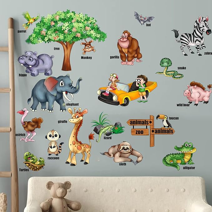 Jungle Animal Wall Stickers Forest Safari Wall Decals Kid Room Nursery Baby Bedroom Décor (Early Childhood Animal Education)