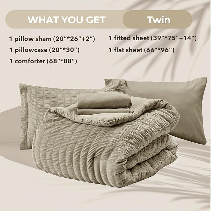 HYMOKEGE Linen Twin Comforter Set Seersucker 5 Pieces, All Season Luxury Bed in a Bag for Bedroom, Bedding Set with Comforter, Sheets, Pillowcase & Sham