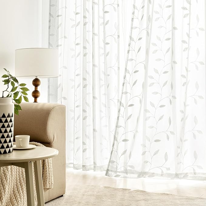 MIULEE Ivory Sheer Curtains 2 Panels Embroidered Leaf Patterned, W52 x L54 | - Image 3