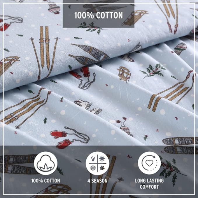Eddie Bauer - Queen Sheets, Cotton Flannel Bedding Set, Brushed For Extra Softness, Cozy Home Decor (Snow Days, Queen)