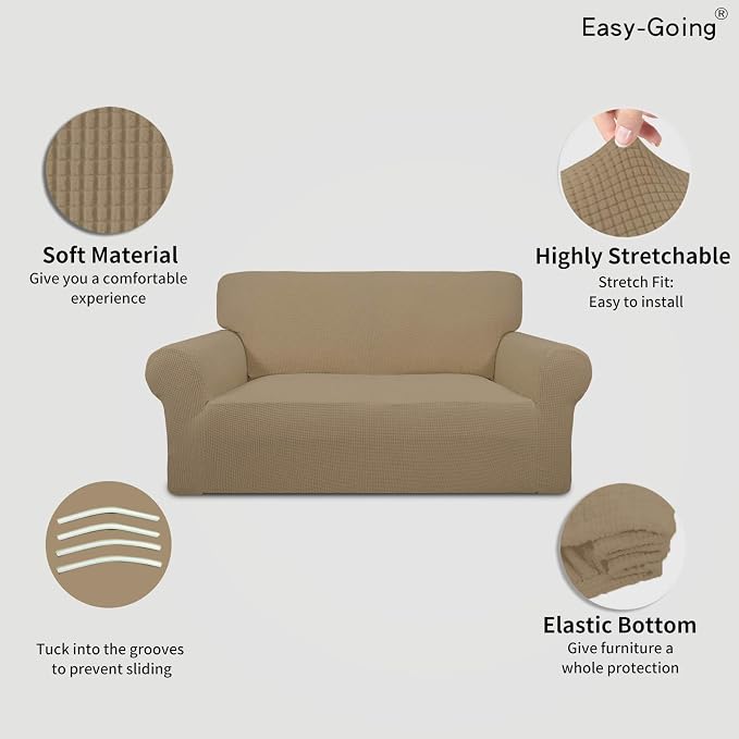 Easy-Going Stretch Loveseat Couch Covers Washable Tan | 1-Piece Loveseat Covers - Image 3