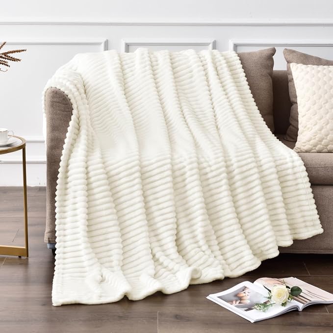 BEDELITE Ribbed Jacquard Cream Fleece Throw Blanket by BEDELITE