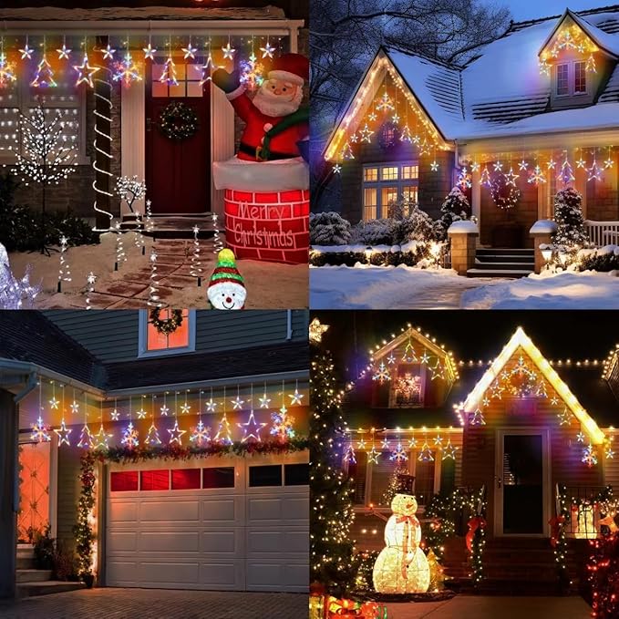 Christmas Window Lights Decorations, 138 LED Curtain Lights with 8 Lighting Modes, Xmas Tree Snowflake Star String Lights for Weddings, Parties, Room Decor(Multi-Colored)