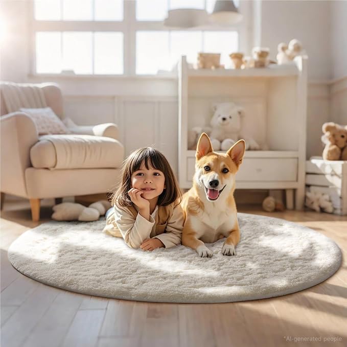 Ophanie Round Washable Rugs 5Ft Ivory Circle Area Rug, Baby Nursery Living Room - Image 5