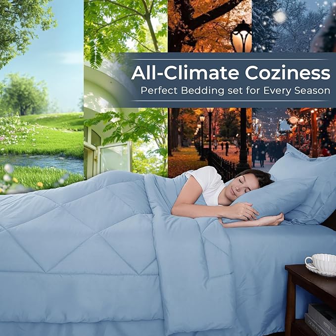 HEVUMYI Light Blue Queen Comforter Set - 7-Piece All Season Bed in a Bag Queen, Ultra Soft Bedding Set with Comforter, Flat Sheet, Fitted Sheet, Pillowcases, Pillow Shams