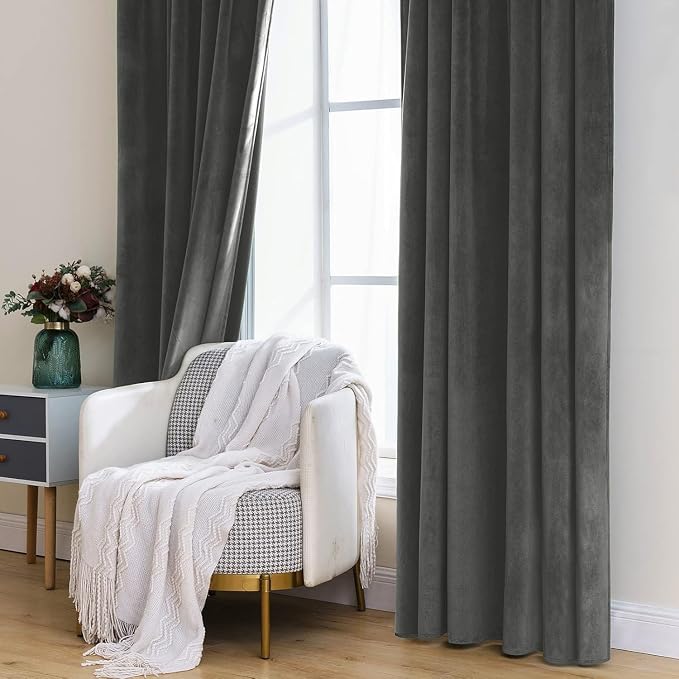 MIULEE Velvet Curtains 52x90 inches 2 Panels Gray Blackout Curtains | Luxury - Image 7