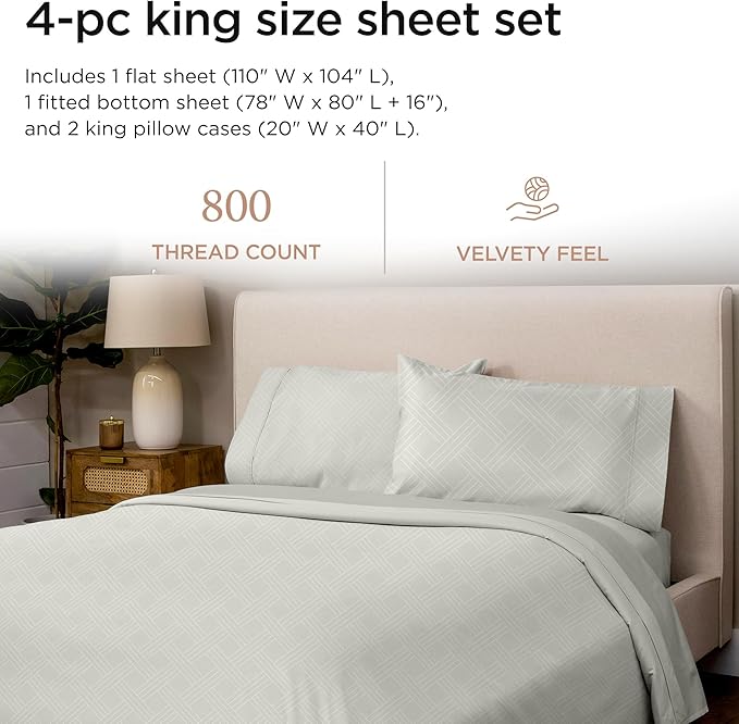Celine King Size Sheets for King Mattress | 800 Thread Count Jacquard Light Grey | Better Than Egyptian Cotton | 4 Pc Bed Sheets | Damask Sheets Fits 16'' Deep Pocket | 100% Cotton