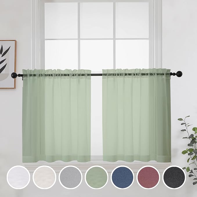 Short Sheer Curtains 30 Inches 2 Panels Set, Kitchen Tiers Light Filtering Rod - Image 2