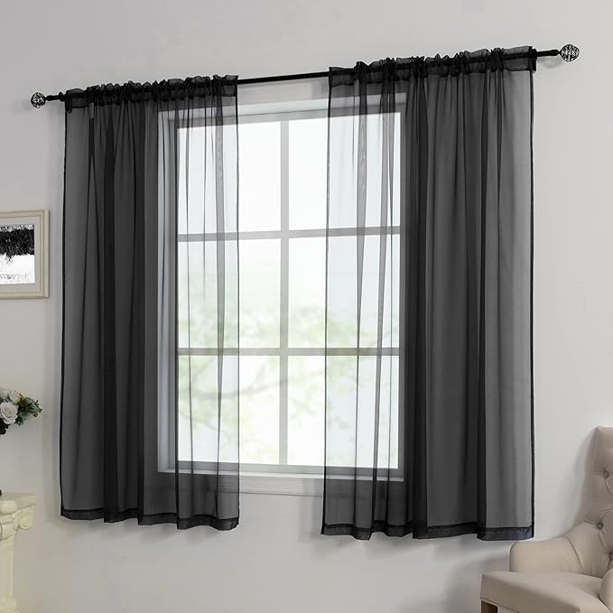 HUTO Black Sheer Curtains 45 Inch Length for Small Window Rod Pocket Sheer Drapes Panels for Kitchen Bathroom,2 Panels 52 by 45 Inches Long