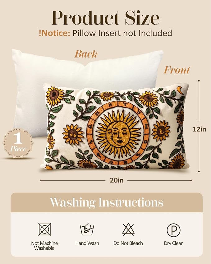 Embroidered Lumbar Pillow Cover 20x12 Inch, Sunflower Moon | Decorative Throw - Image 4