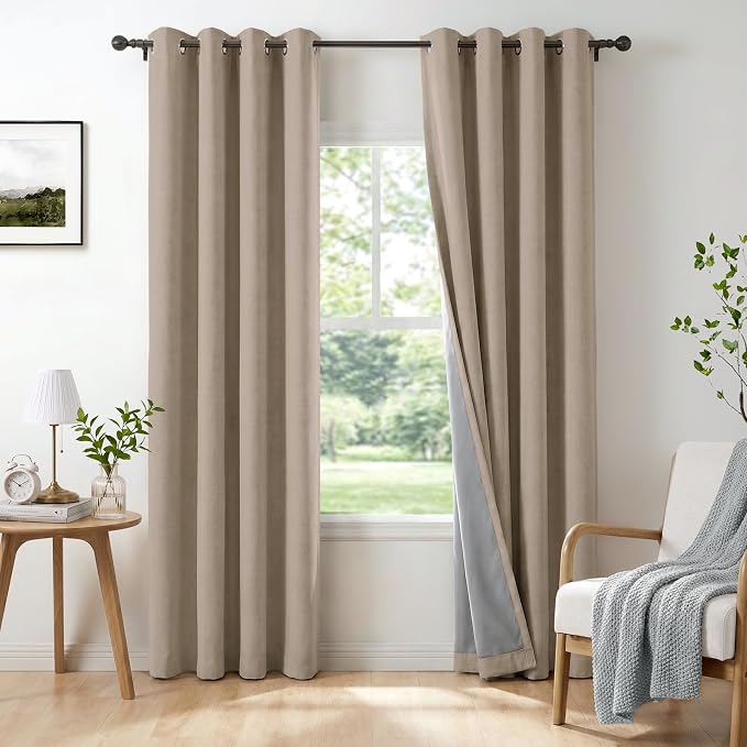 100% Blackout Linen Textured Curtains 84 Inch Long, Burlywood Birch | 100% by 100BlackoutShield