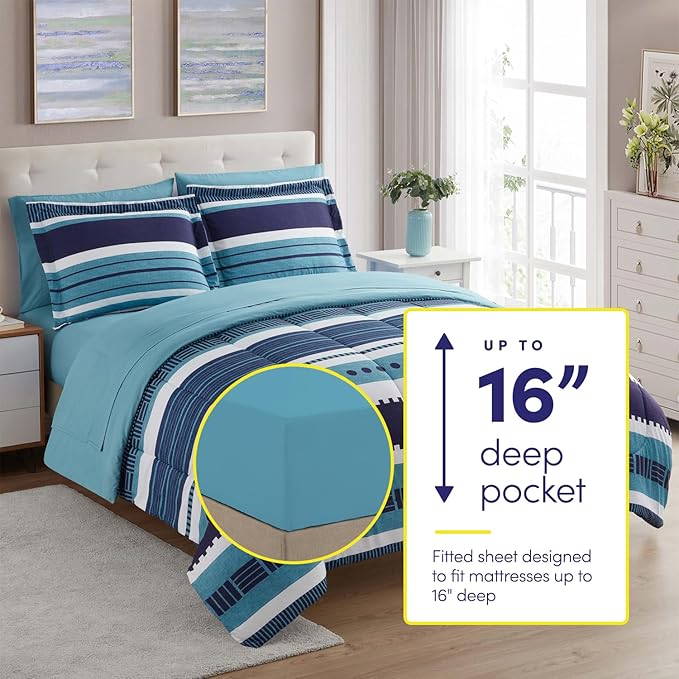 Sweet Home Collection 7 Piece Comforter Set Bag Solid Color All Season Soft Down Alternative Blanket & Luxurious Microfiber Bed Sheets, Marino, Queen