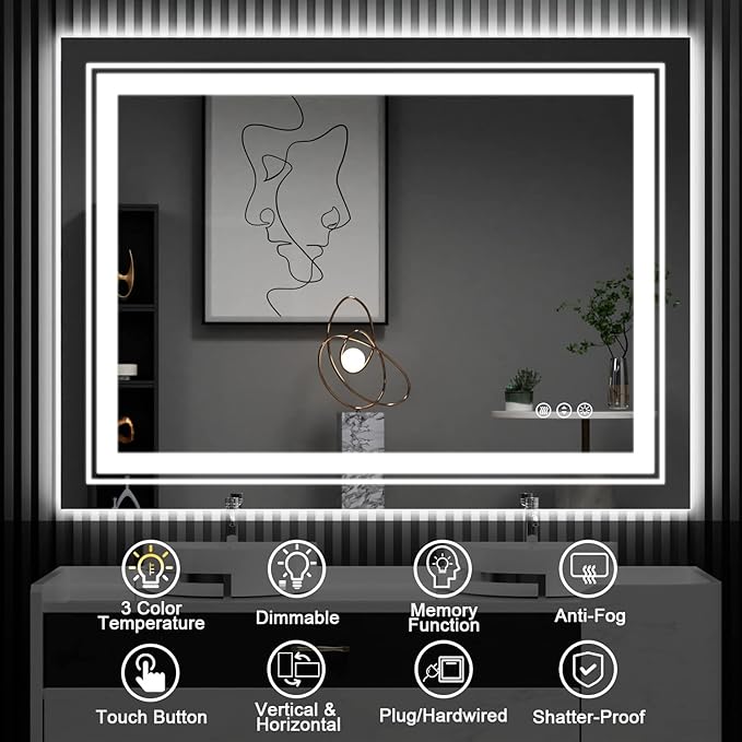 LED Bathroom Mirror, 40"x24" with Front and Backlit, Anti-Fog, Bathroom Vanity Mirror for Wall, Memory Function, Stepless Dimmable, Tempered Glass (Horizontal/Vertical)