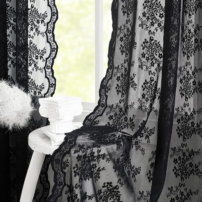 YJ YANJUN Vintage Lace Curtains 90 Inches Long- Victorian Floral Pattern Black by YJYANJUN