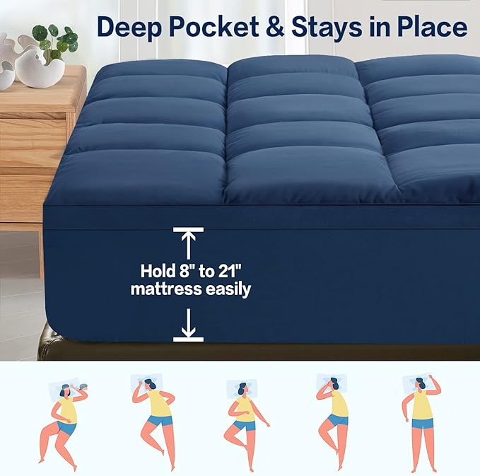 SOPAT Mattress Topper Full Size Extra Thick Mattress Pad 8-21" Deep Pocket Soft Down Alternative Fill Mattress Protector Pillow Top Mattress Cover (54x75 Inches, Navy Blue)