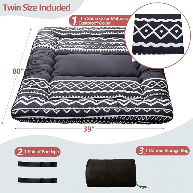 MAXYOYO Japanese Futon Mattress - Thick Comfortable Roll Up Sleeping Pad, Twin, Black Stripe