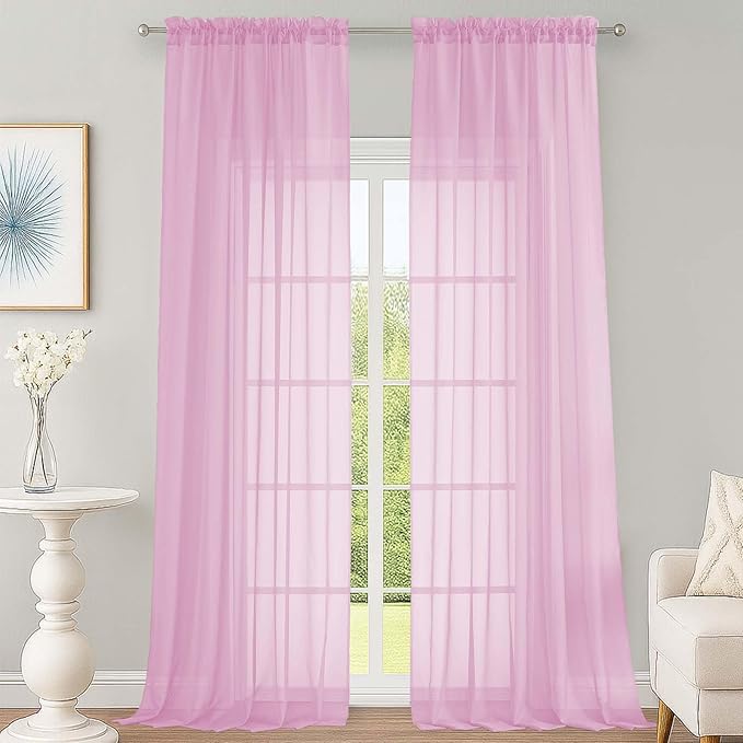 Pink Sheer Curtains 120 Inches Long 2 Panels Set, Airy Lightweight Sheer Pink by OWENIE