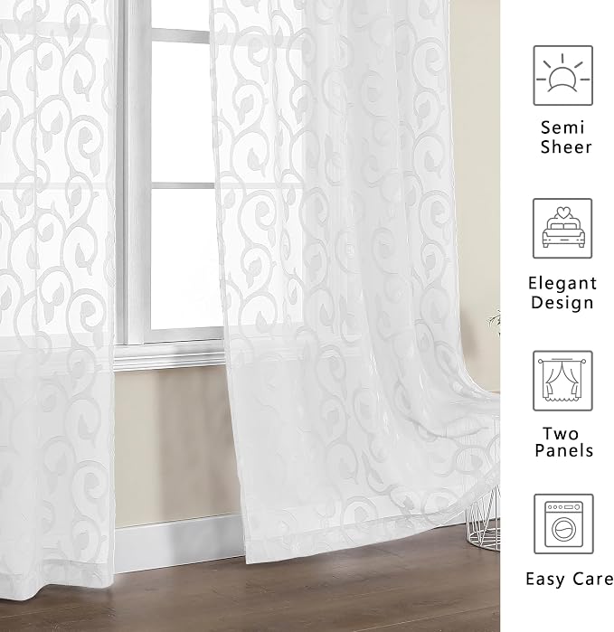 Furman White Sheer Curtains 54 Inch Length 2 Panels Set - Image 4