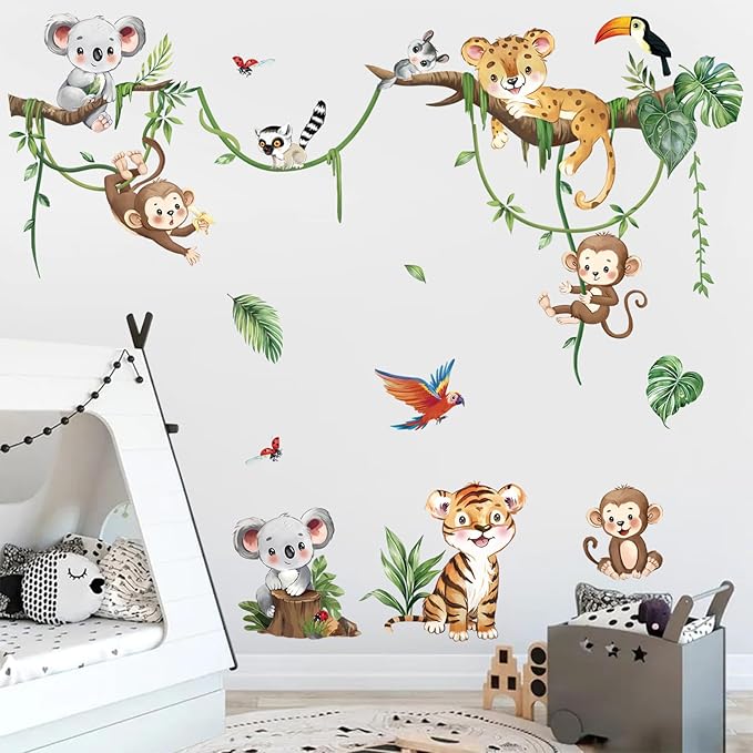 decalmile Jungle Animal Tree Branch Wall Decals Safari Animal Monkey Koala Wall Stickers Baby Nursery Kids Bedroom Living Room Wall Decor