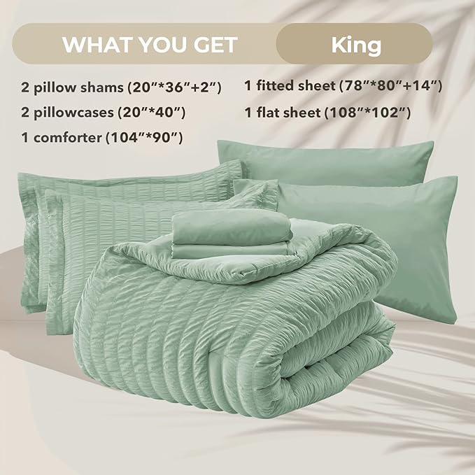HYMOKEGE Sage Green King Size Comforter Set Seersucker 7 Pieces, All Season Luxury Bed in a Bag for Bedroom, Bedding Set with Comforters, Sheets, Pillowcases & Shams