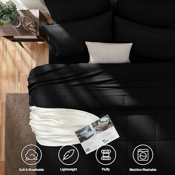 CozyLux Oversized King Comforter Sets Black, 7 Pieces Bed in a Bag, Ultra-Soft All Season Bedding Sets with Stitch Quilted Comforter, Flat Sheet, Fitted Sheet, Pillowcases, Black