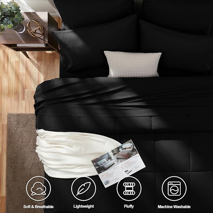CozyLux California King Comforter Sets Black, 7 Pieces Cal King Bed in a Bag, All Season Bedding Sets with Stitch Quilted Comforter, Flat Sheet, Fitted Sheet, Pillowcases