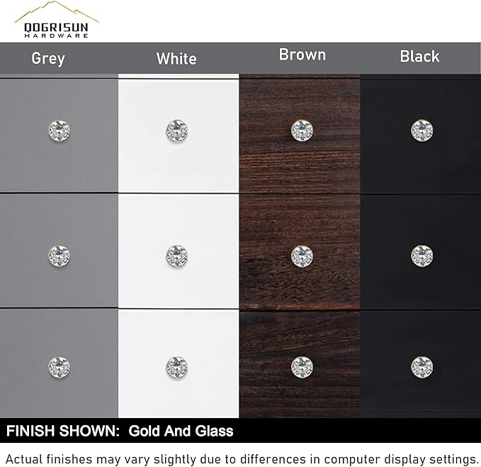 QOGRISUN 10-Pack Brass Crystal Cabinet Knobs,Glass Crystal Gold Drawer Knobs,1-1/4-Inch Diamond, Decorative Dresser Pulls, Modern Cabinet Hardware