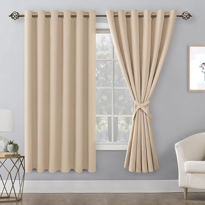 Grommet Blackout Curtains for Bedroom 70 x 63 Inches Beige 2 Panels | Thermal - Image 8
