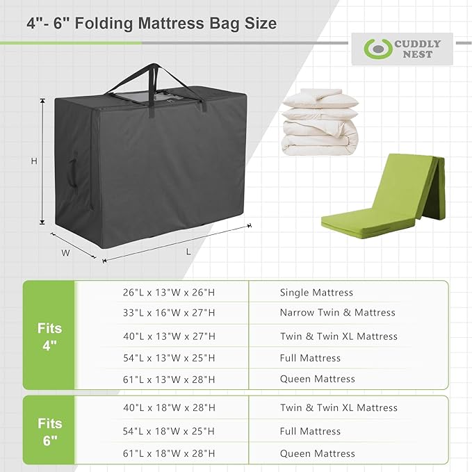 Cuddly Nest Folding Mattress Storage Bag - Heavy Duty Carry Case for Tri-Fold Guest Bed (Fits 6" Twin & Twin XL Mattress,Black)