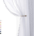 Treatmentex Pom Pom White Sheer Curtains for Living Room 63" Linen Texture Rod Pocket Window Sheers 52" w x 2 Panels, Rod Pocket Drapes