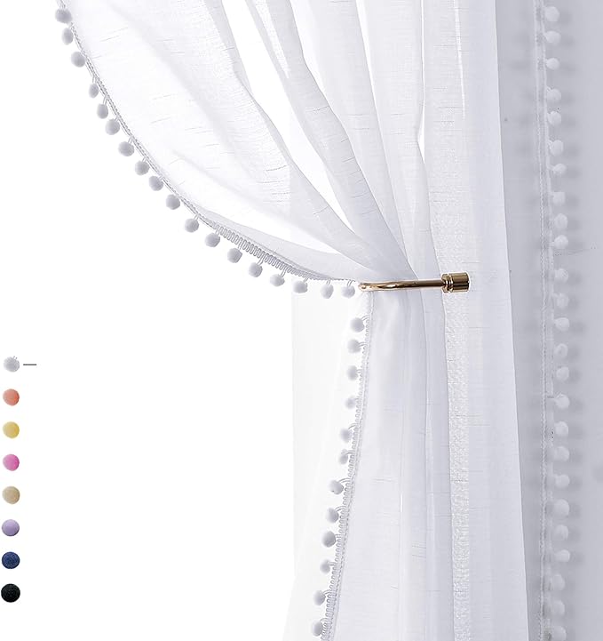 Treatmentex Snow White Sheer Curtains 95" Bedroom Decorative Pompom Trimmed Voile Window Curtain for Living Room Linen Look 2 Panels